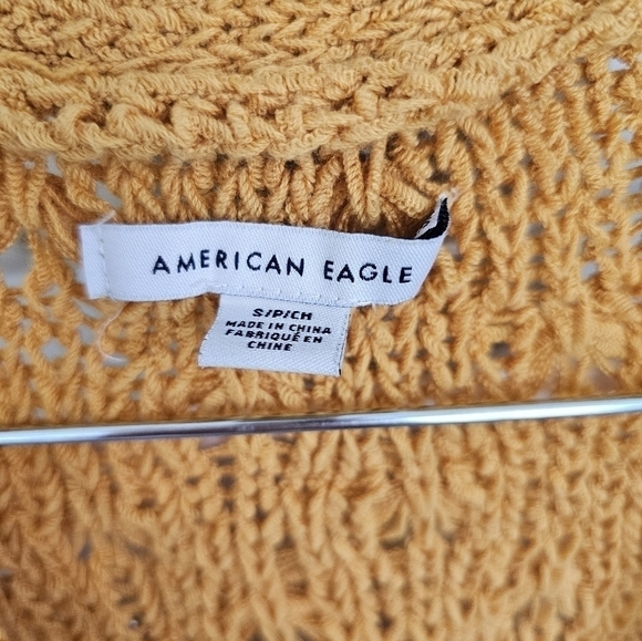 American Eagle Open Knit Golden Yellow V Neck Button Front Cardigan Sweater - Picture 3 of 6